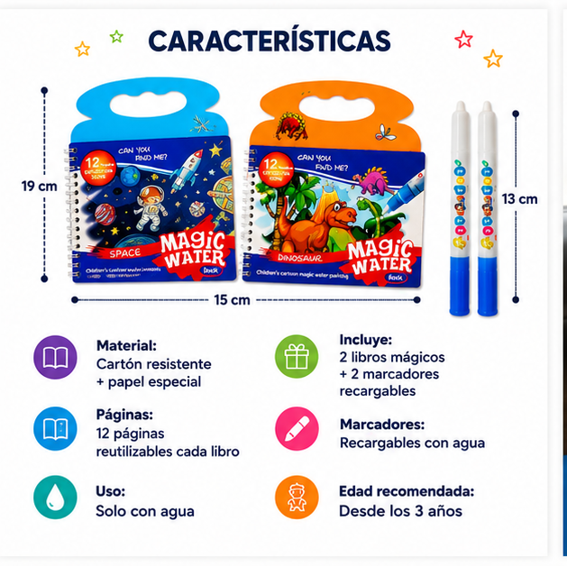 Pack x 2 Libros Mágico para Colorear con Agua - Reutilizable para Niños 🚸 Diversión Sin Manchas Aprender jugando 🖍️🌈
