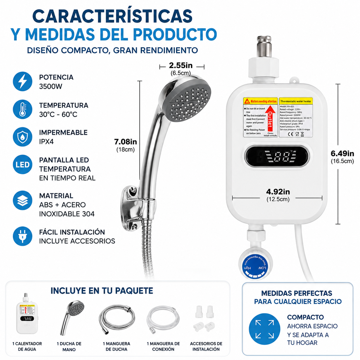 Agua caliente al instante en solo 3 segundos /  Calentador de Agua Instantáneo con Ducha LED