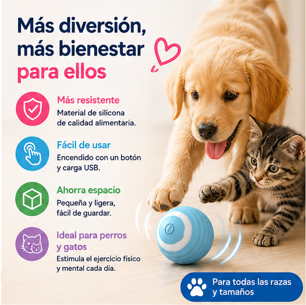 Pelota Interactiva para Mascotas Diversión y Ejercicio + Hasta 60 Minutos Continuos