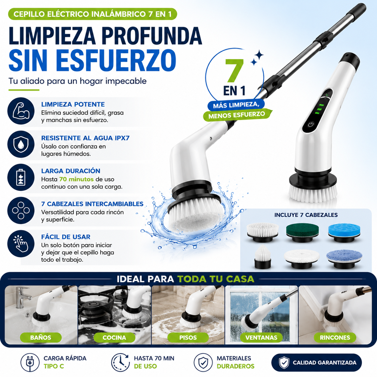 REMUEVE FÁCILMENTE LA SUCIEDAD Y LA GRASA | Cepillo Eléctrico Inteligente 7 en 1 ✨
