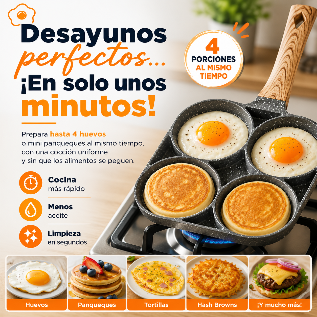 Sartén Antiadherente 4 en 1 🍳 Desayunos perfectos... ¡En solo unos minutos!