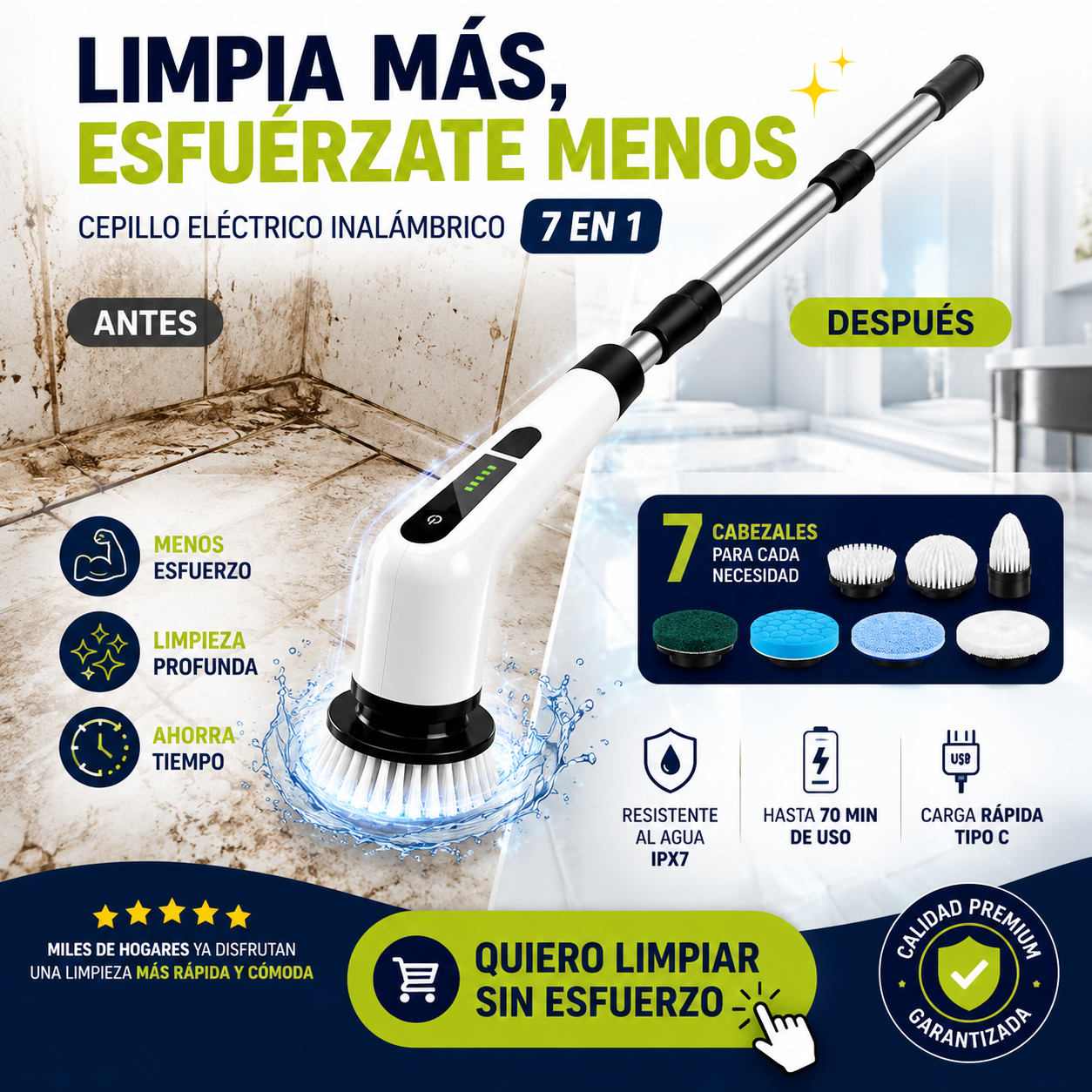 REMUEVE FÁCILMENTE LA SUCIEDAD Y LA GRASA | Cepillo Eléctrico Inteligente 7 en 1 ✨